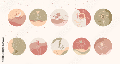 Social media highlight covers or icons with hand drawn mystical and astrology signs. Liner templates logos or emblems hands in different gestures