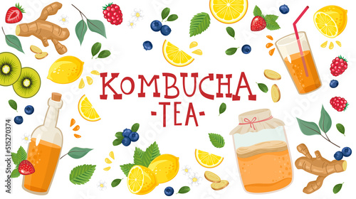 Kombucha fermented tea in glass jar and bottle with lemon and ginger. Vector banner with homemade tea, fruits, berries and ginger