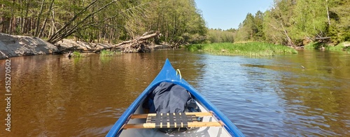 Canoe riding on Irbe river. Kurzeme, Latvia. Forest. mighty trees, reflections in water. Nature, ecology, eco tourism, hiking, leisure activity, boating, rowing, sport, healthy lifestyle, wanderlust photo