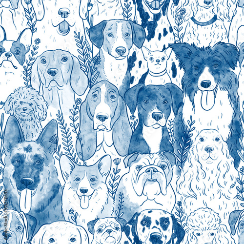 Seamless pattern with hand drawn dogs. Dogs different breeds. Dalmatian, bulldog, spaniel, border colli. Perfect for kids apparel, fabric, textile, nursery decoration, wrapping paper