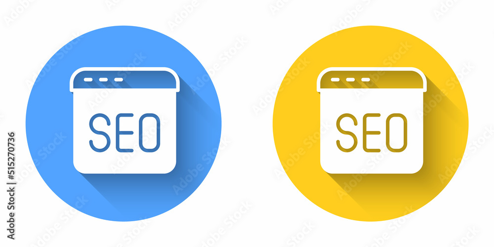 White SEO optimization icon isolated with long shadow background. Circle button. Vector White SEO optimization icon isolated with long shadow background. Circle button. Vector