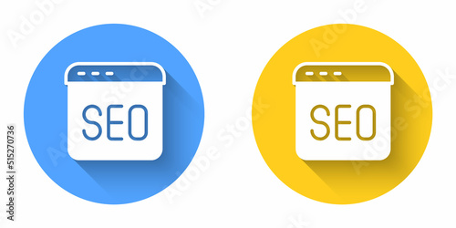 White SEO optimization icon isolated with long shadow background. Circle button. Vector