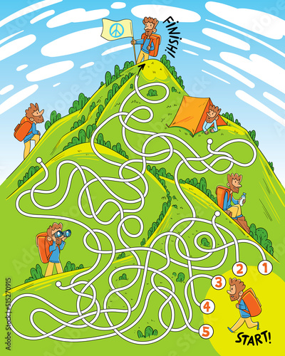 Kids maze puzzle. Go through the labyrinth and help the tourist get to the top of the mountain. Cartoon characters. Funny vector illustration