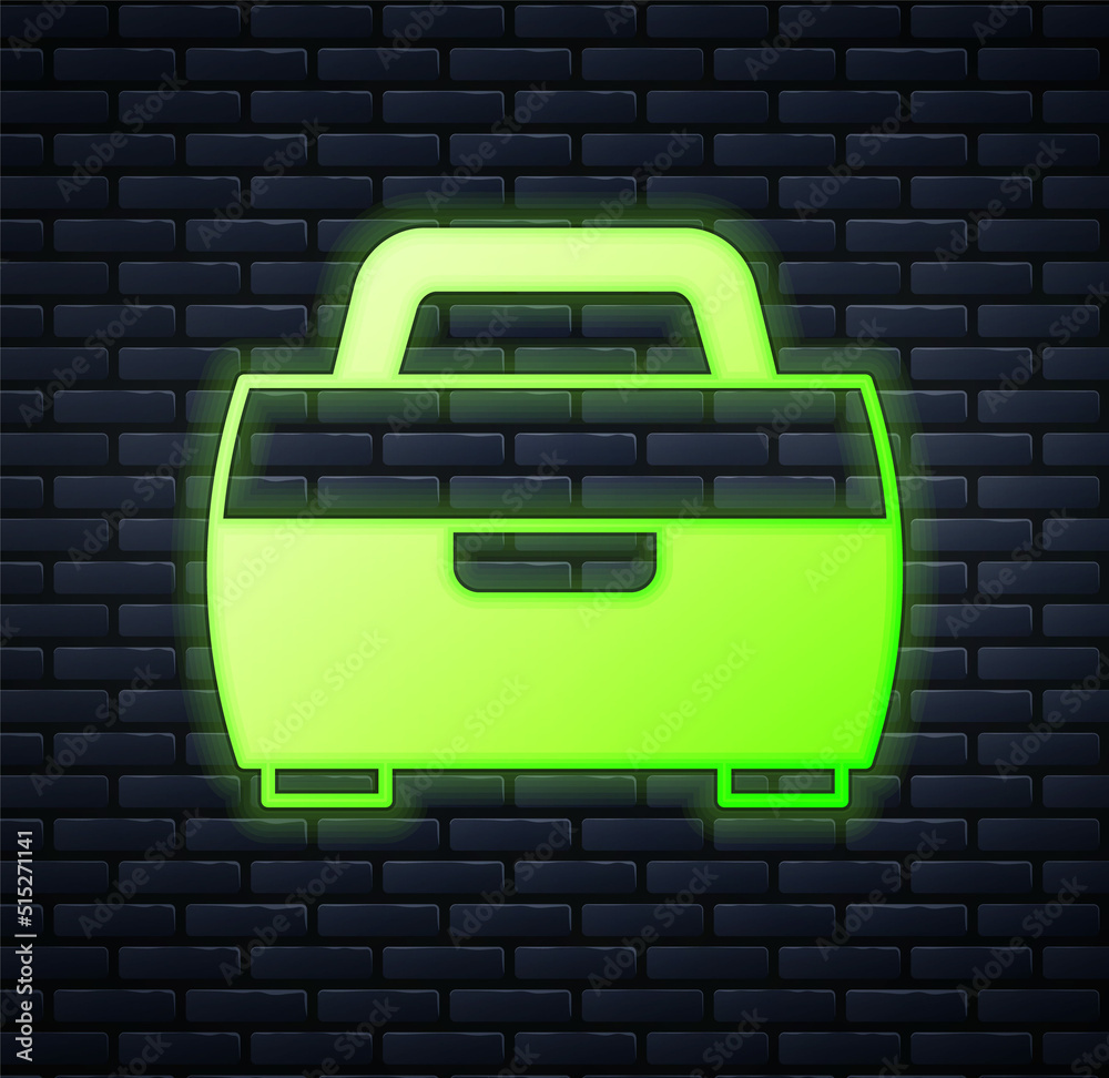 Obraz premium Glowing neon Case or box container for wobbler and gear fishing equipment icon isolated on brick wall background. Fishing tackle. Vector
