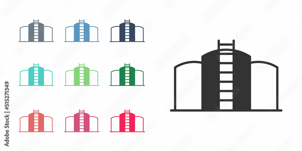 Fototapeta premium Black Oil tank storage icon isolated on white background. Vessel tank for oil and gas industrial. Oil tank technology station. Set icons colorful. Vector