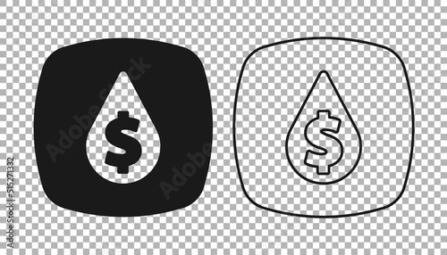 Black Oil drop with dollar symbol icon isolated on transparent background. Oil price. Oil and petroleum industry. Vector