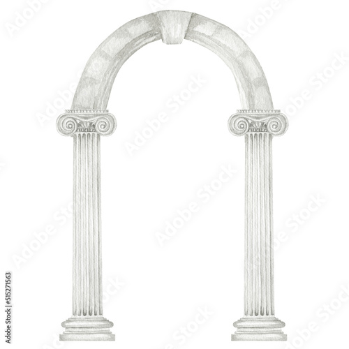 Konstfotografi Watercolor antique arch with column ionic order, Ancient Classic Greek pillar, R