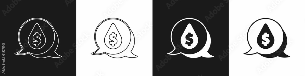 Set Oil drop with dollar symbol icon isolated on black and white background. Oil price. Oil and petroleum industry. Vector Set Oil drop with dollar symbol icon isolated on black and white background. Oil price. Oil and petroleum industry. Vector