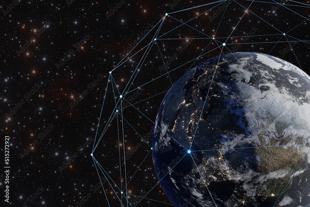 A glowing network grid surrounding the earth. Illustration of the concept of futuristic technology of using space satellites to achieve intercontinental Internet and data communication. - obrazy, fototapety, plakaty 