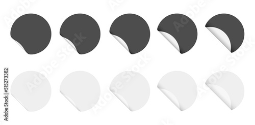 Vector adhesive round sticker with folded corner. White and black empty sticky price tags.
