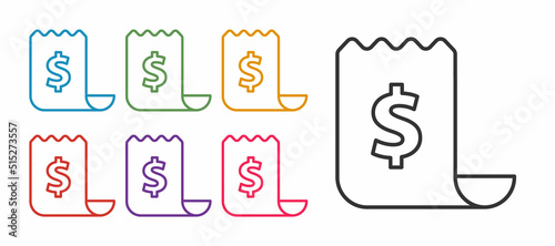 Set line Paper check and financial check icon isolated on white background. Paper print check, shop receipt or bill. Set icons colorful. Vector