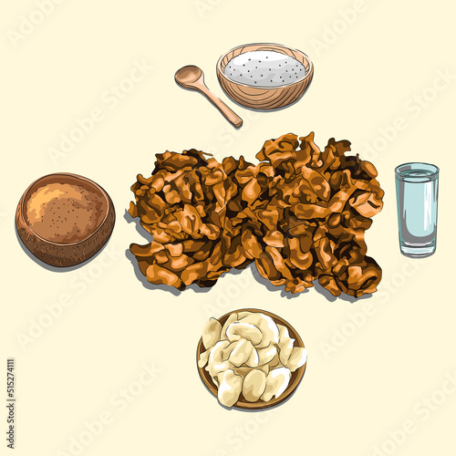 Halua Kenari And Ingredients Illustration Sketch And Vector Style, Traditional Food From North Sumatra, Good to use for food element print. Indonesian cuisine, recipe book, and food element concept.