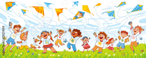 Children fly kites into the sky. Funny cartoon character. Vector illustration. Panorama banner