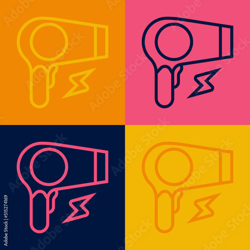 Pop art line Hair dryer icon isolated on color background. Hairdryer sign. Hair drying symbol. Blowing hot air. Vector