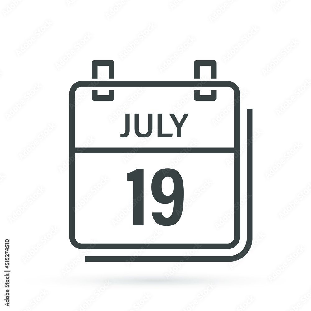 July 19, Calendar icon with shadow. Day, month. Flat vector illustration. July 19, Calendar icon with shadow. Day, month. Flat vector illustration.