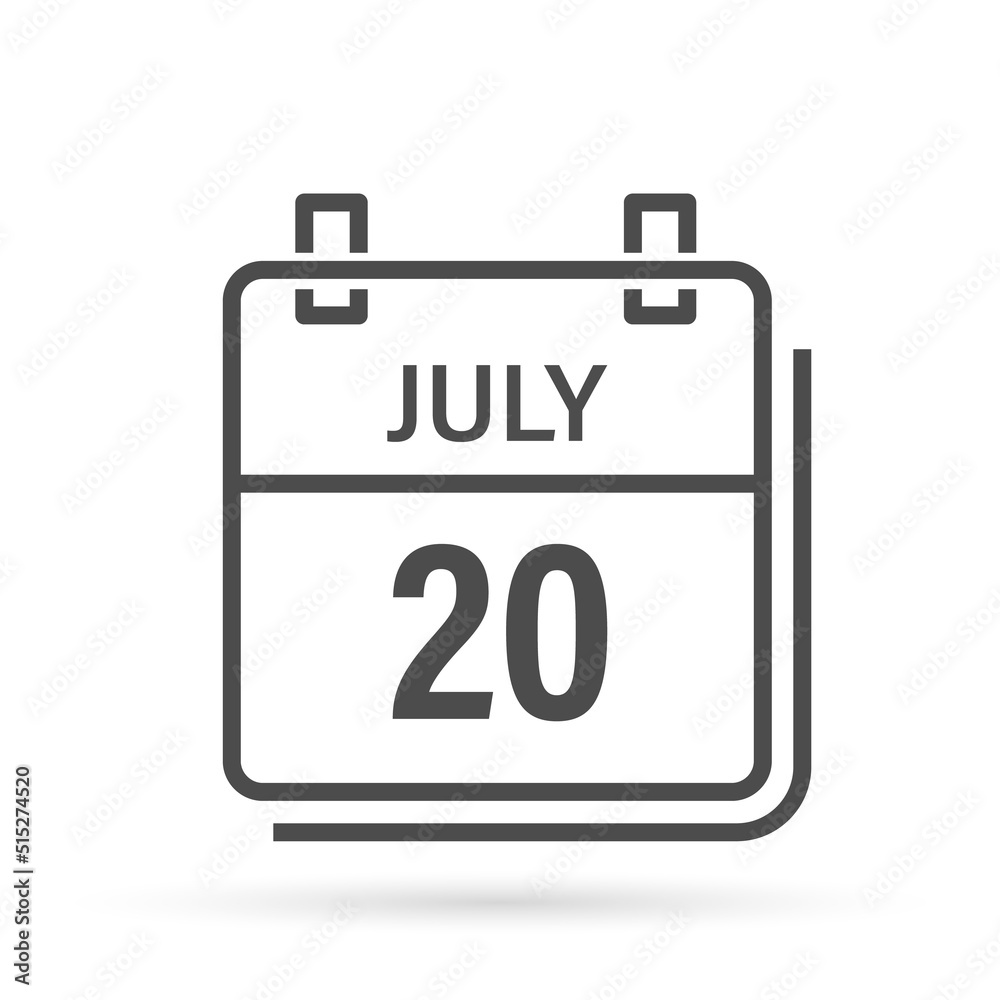 July 20, Calendar icon with shadow. Day, month. Flat vector illustration. July 20, Calendar icon with shadow. Day, month. Flat vector illustration.