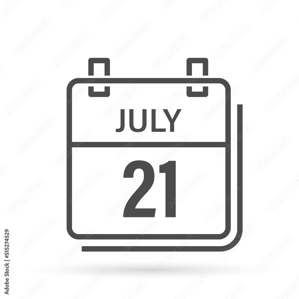July 21, Calendar icon with shadow. Day, month. Flat vector illustration.