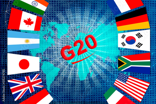 G20 international summit, global forum for cooperation, symbol of meeting heads of governments and central banks of countries on global technology business, concept mutual solution of world problems photo