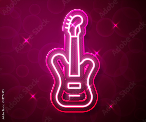 Glowing neon line Electric bass guitar icon isolated on red background. Vector