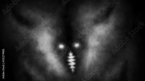 Scary animation of demon skull face. Dark theme movie. Black and white horror video for Halloween. Abstract motion graphics. Music clips and VJ loops. Grunge, flicker, dirty, coal and noise effects.