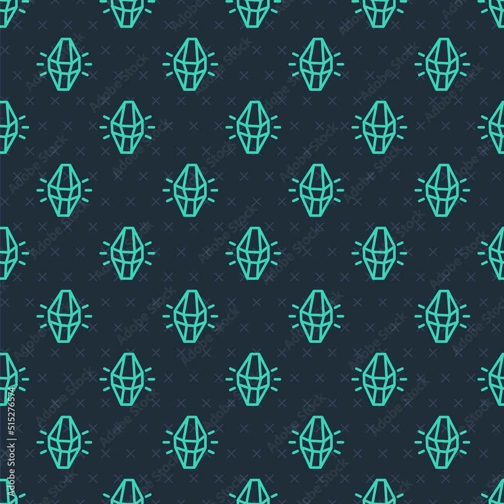 Green line Magic stone icon isolated seamless pattern on blue background. Fantasy crystal. Jewelry gem for game. Vector