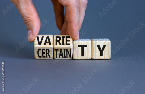 Variety or certainty symbol. Concept words Variety or certainty on wooden cubes. Businessman hand. Beautiful grey table grey background. Business variety or certainty concept. Copy space.