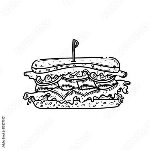 Hand drawn sandwich sketch illustration. Sandwich doodle illustration on white background