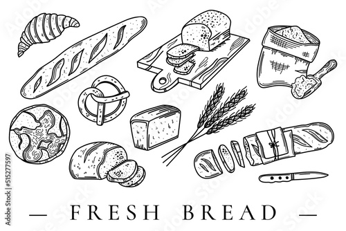 Bread vector hand drawn doodle set illustrations. Gluten food bakery engraved collection isolated on white background.