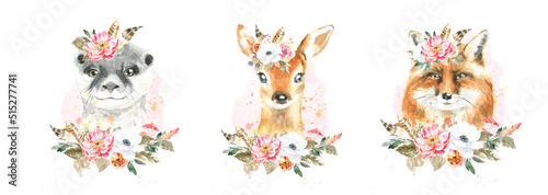 Watercolor woodland boho animal set of forest isolated cute otter,deer,fox illustration. Baby animals with flower frame and color splashes. Nursery animal portrait for baby shower, greeting card