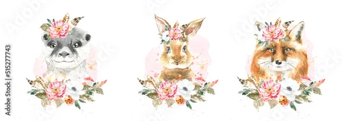 Panel kuchenny z motywem Watercolor woodland boho animal set of forest isolated cute otter,bunny,fox illustration. Baby animals with flower frame and color splashes. Nursery  animal portrait for baby shower, greeting card