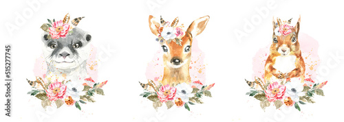 Wallpaper Mural Watercolor woodland boho animal set of forest isolated cute otter,deer,squirrel illustration. Baby animals with flower frame and color splashes. Nursery  animal portrait for baby shower, greeting card Torontodigital.ca