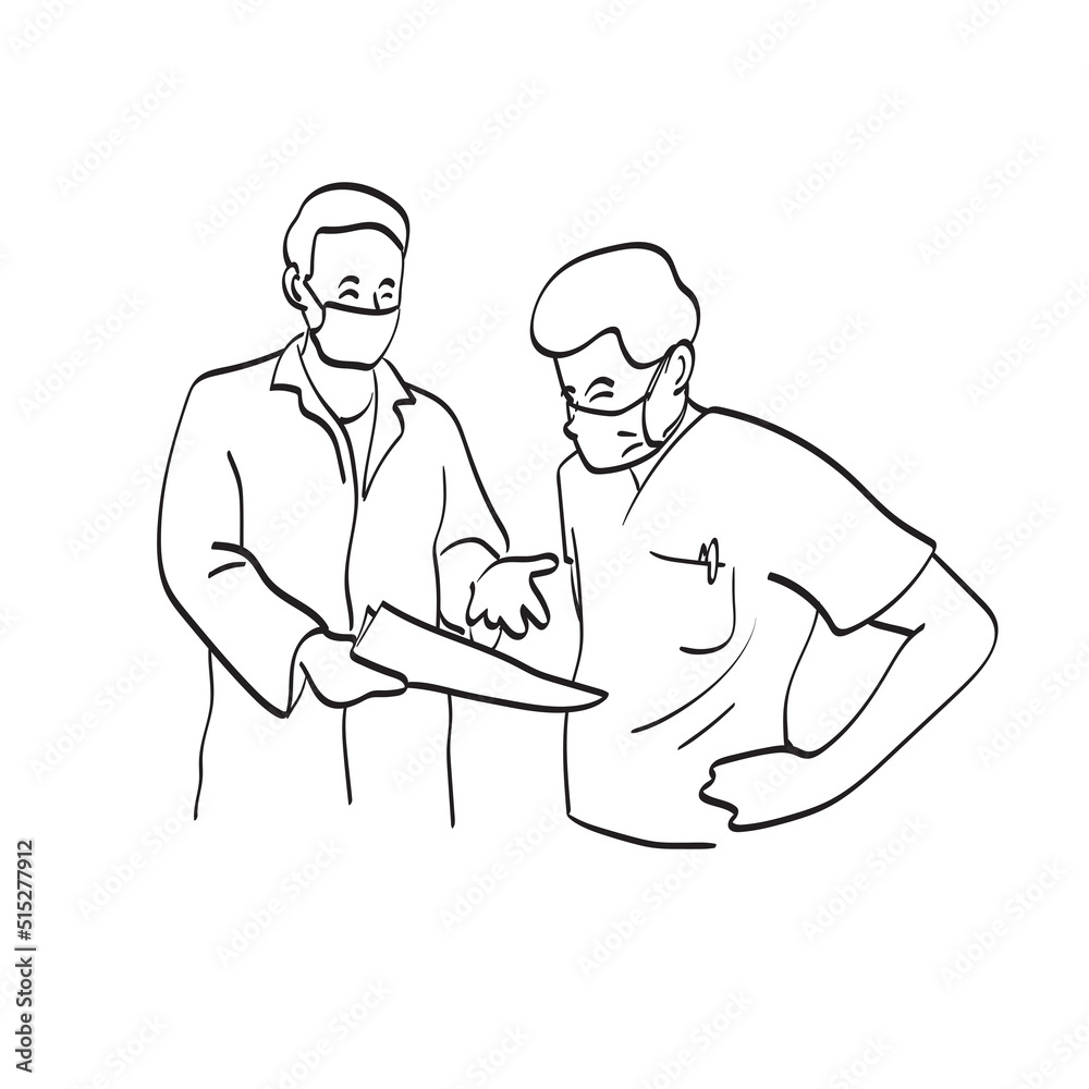 doctors and colleague in medical mask working and using chart illustration vector hand drawn isolated on white background