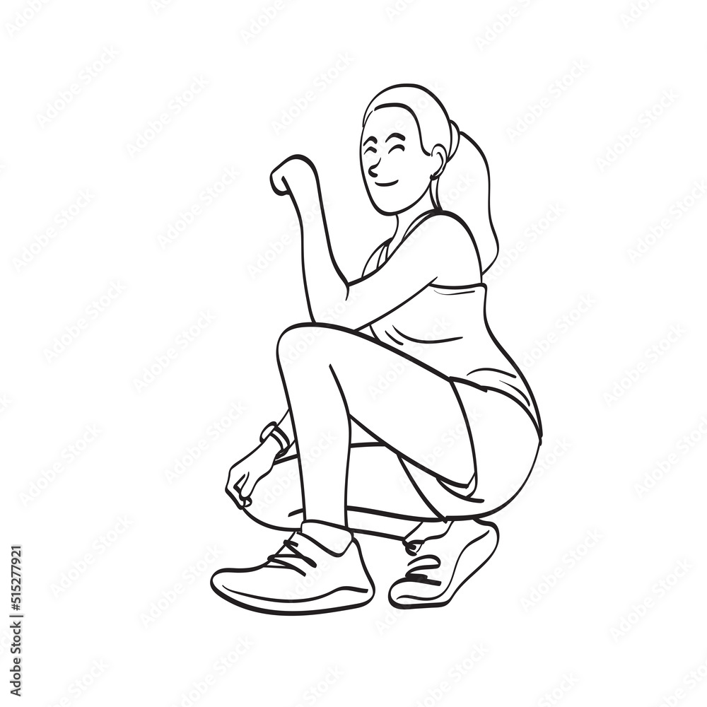 woman athlete runner resting after a long workout illustration vector hand drawn isolated on white background line art.