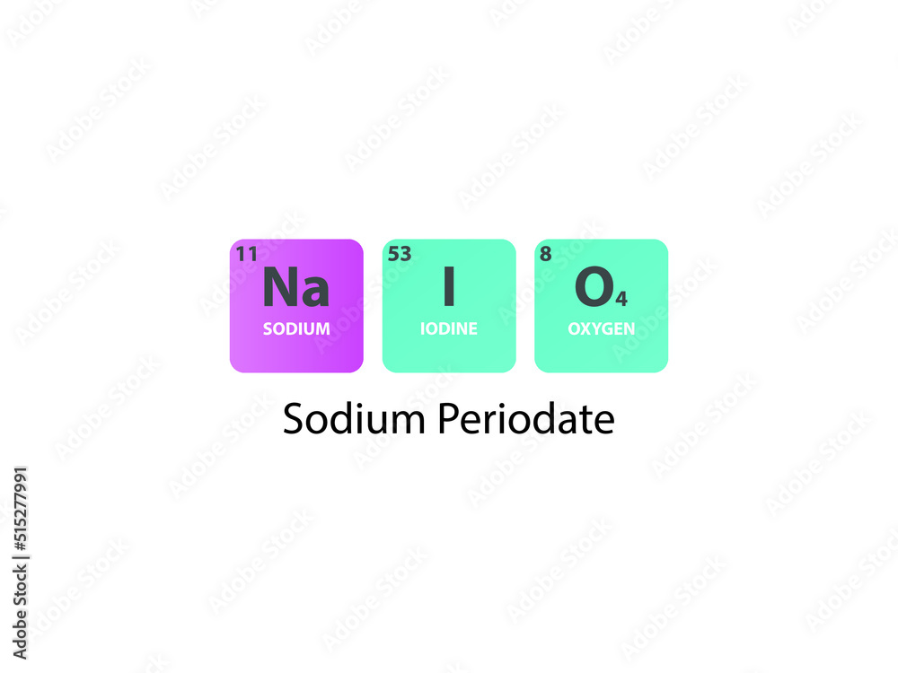 NaIO4 Sodium Periodate molecule. Simple molecular formula consisting of Sodium, Iodine, Oxygen elements. Chemical compound simplified structure on white background. NaIO4 Sodium Periodate molecule. Simple molecular formula consisting of Sodium, Iodine, Oxygen elements. Chemical compound simplified structure on white background.