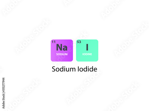 NaI Sodium Iodide molecule. Simple molecular formula consisting of  Sodium, Iodine elements. Chemical compound simplified structure on white background.