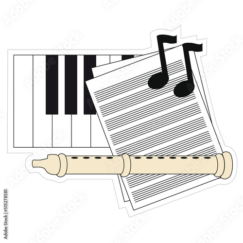 Musica, flauta, partituras piano y notas musicales