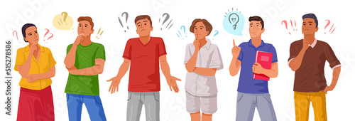 People thinking or making decision set vector. Smart men and women think or solve problem in flat cartoon style