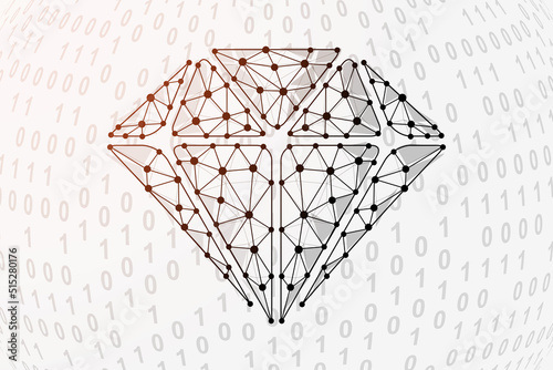 Diamond 3d low poly symbol with binary code background. Brilliant design vector illustration. Jewelry polygonal symbol with connected dots