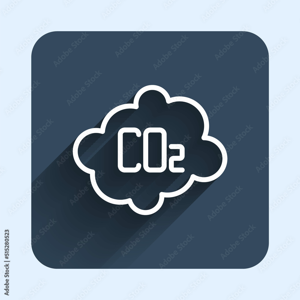 White line CO2 emissions in cloud icon isolated with long shadow background. Carbon dioxide formula, smog pollution concept, environment concept. Blue square button. Vector White line CO2 emissions in cloud icon isolated with long shadow background. Carbon dioxide formula, smog pollution concept, environment concept. Blue square button. Vector