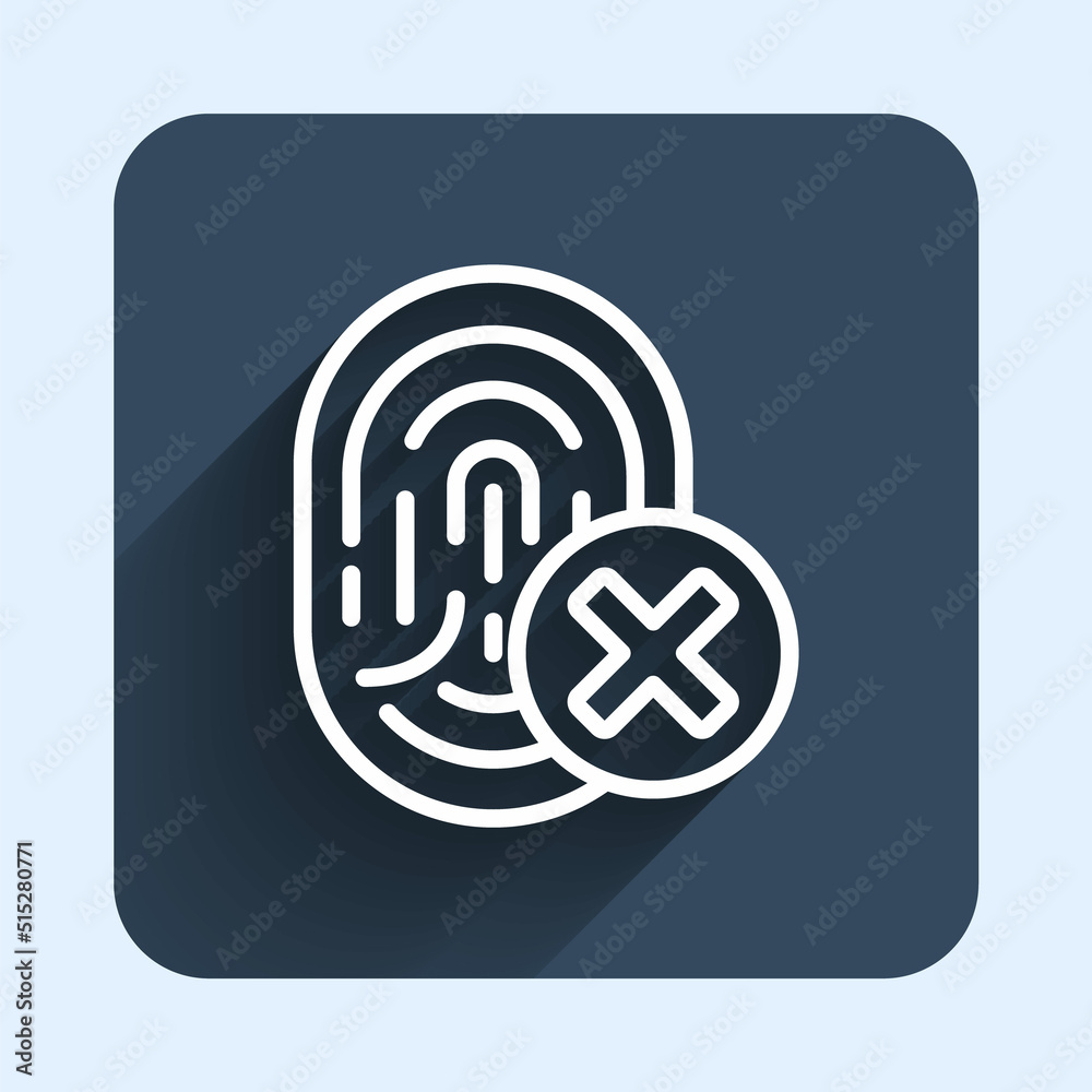 White line Cancelled fingerprint icon isolated with long shadow background. Access denied for user concept. Error, fraud. Identification sign. Touch id. Blue square button. Vector
