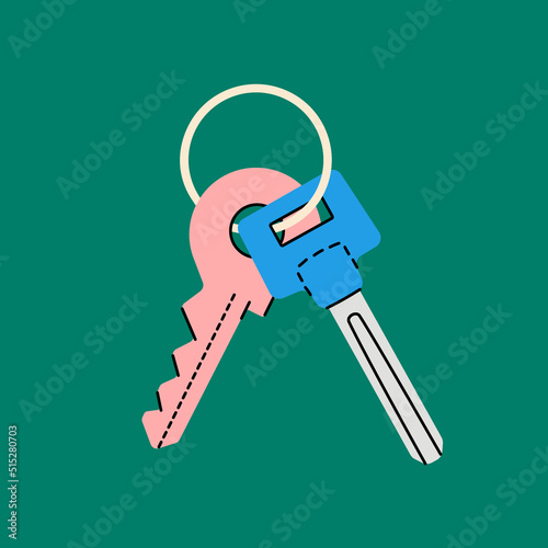 Bunch of different keys with keyring. Colored hand drawn house keys. Modern door keys. Home decoration illustration design