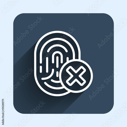 White line Cancelled fingerprint icon isolated with long shadow background. Access denied for user concept. Error, fraud. Identification sign. Touch id. Blue square button. Vector