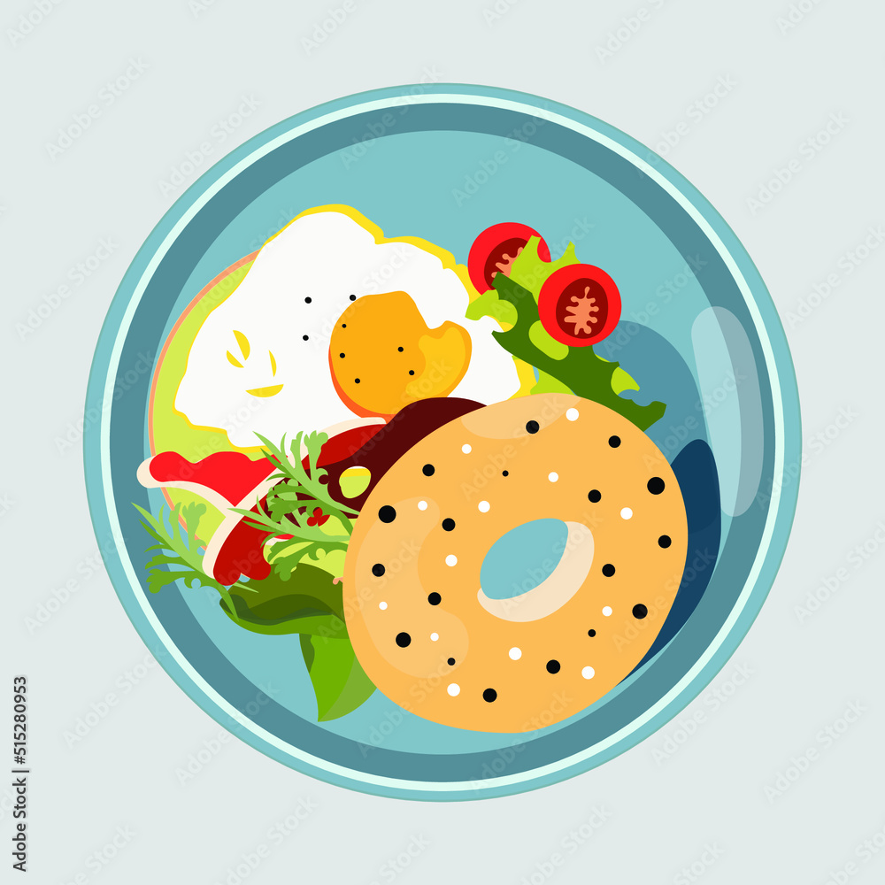 illustration of a plate with food (bagel, bacon, egg, tomatoes, and lettuce) illustration of a plate with food (bagel, bacon, egg, tomatoes, and lettuce)