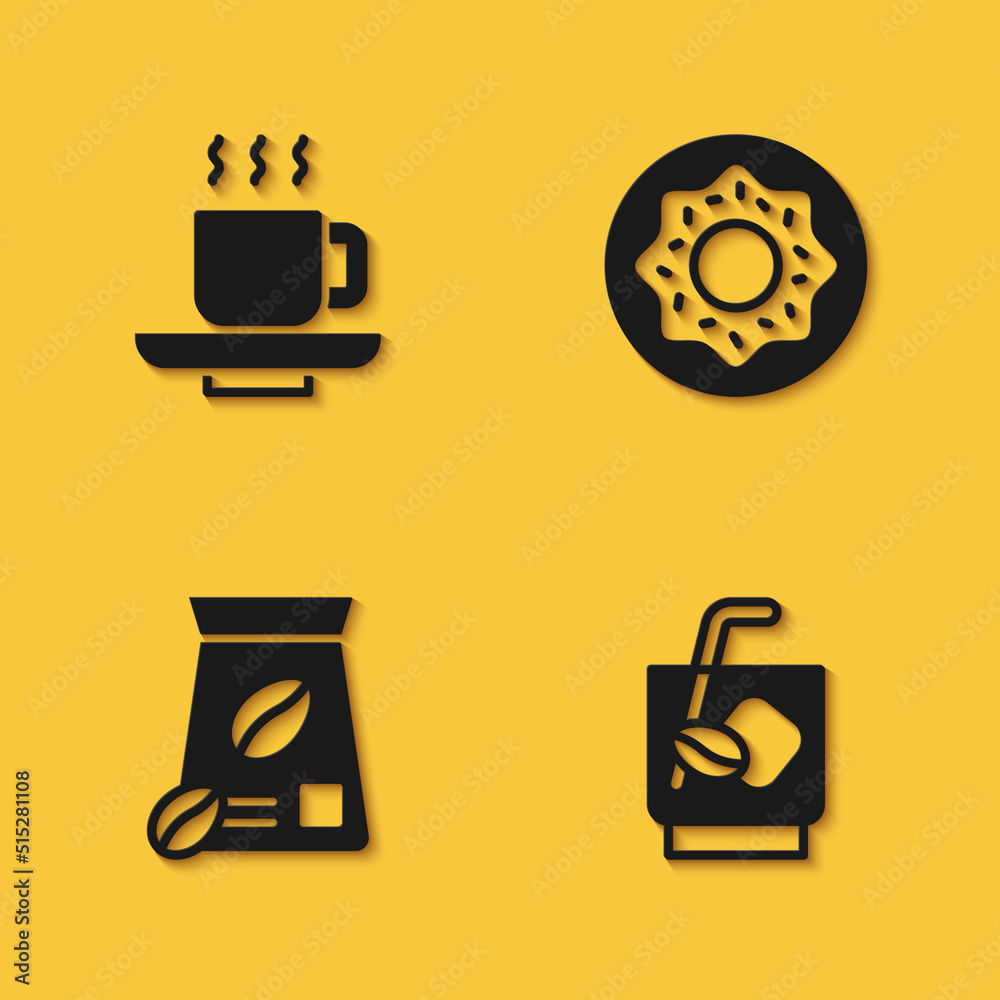 Set Coffee cup, Espresso tonic coffee, Bag beans and Donut icon with long shadow. Vector Set Coffee cup, Espresso tonic coffee, Bag beans and Donut icon with long shadow. Vector