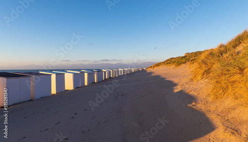 Panorama of beach huts and sand dunes  Oostende  Ostend   North Sea coast  Belgium.