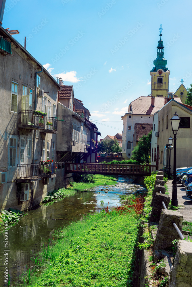 Gradna river in Samobor, view of the church on the background, Croatia