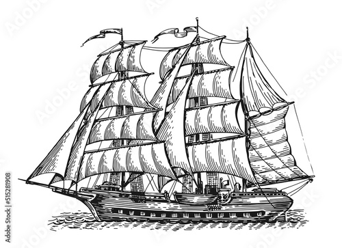 Vintage old sailing ship on waves sketch. Sea transport with sails isolated on white background in engraving style