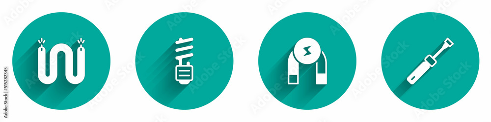 Set Electric cable, LED light bulb, Magnet and Screwdriver icon with long shadow. Vector Set Electric cable, LED light bulb, Magnet and Screwdriver icon with long shadow. Vector