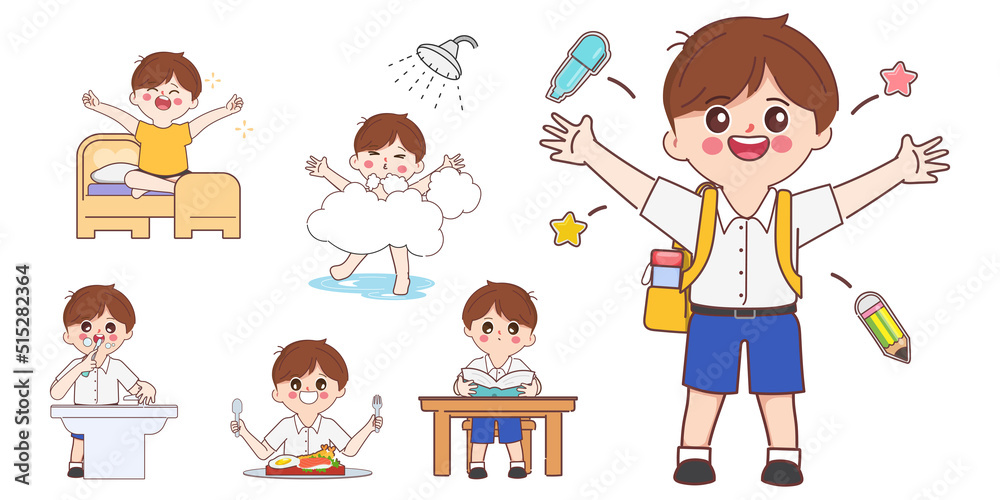 Cute cartoon doodle boy student character. Cartoon Kid in daily routine activity pose. Cute cartoon doodle boy student character. Cartoon Kid in daily routine activity pose.