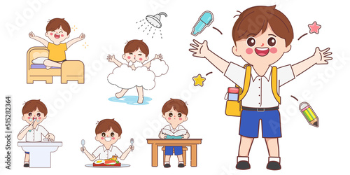 Cute cartoon doodle boy student character. Cartoon Kid in daily routine activity pose.